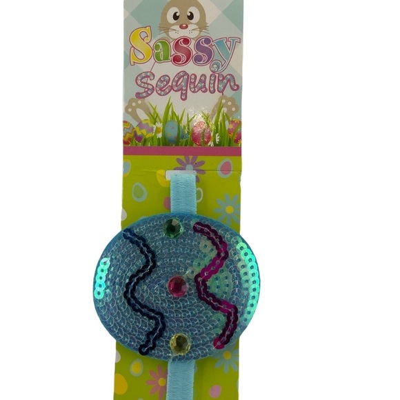 Sassy Sequin Easter Headband Elasticized Band Easter Egg Blue - Picture 4 of 10